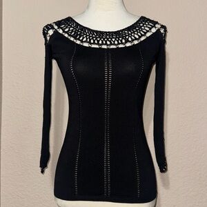 Cache Black bandage Knit Top with Ring cut out Crochet Accents size XS
